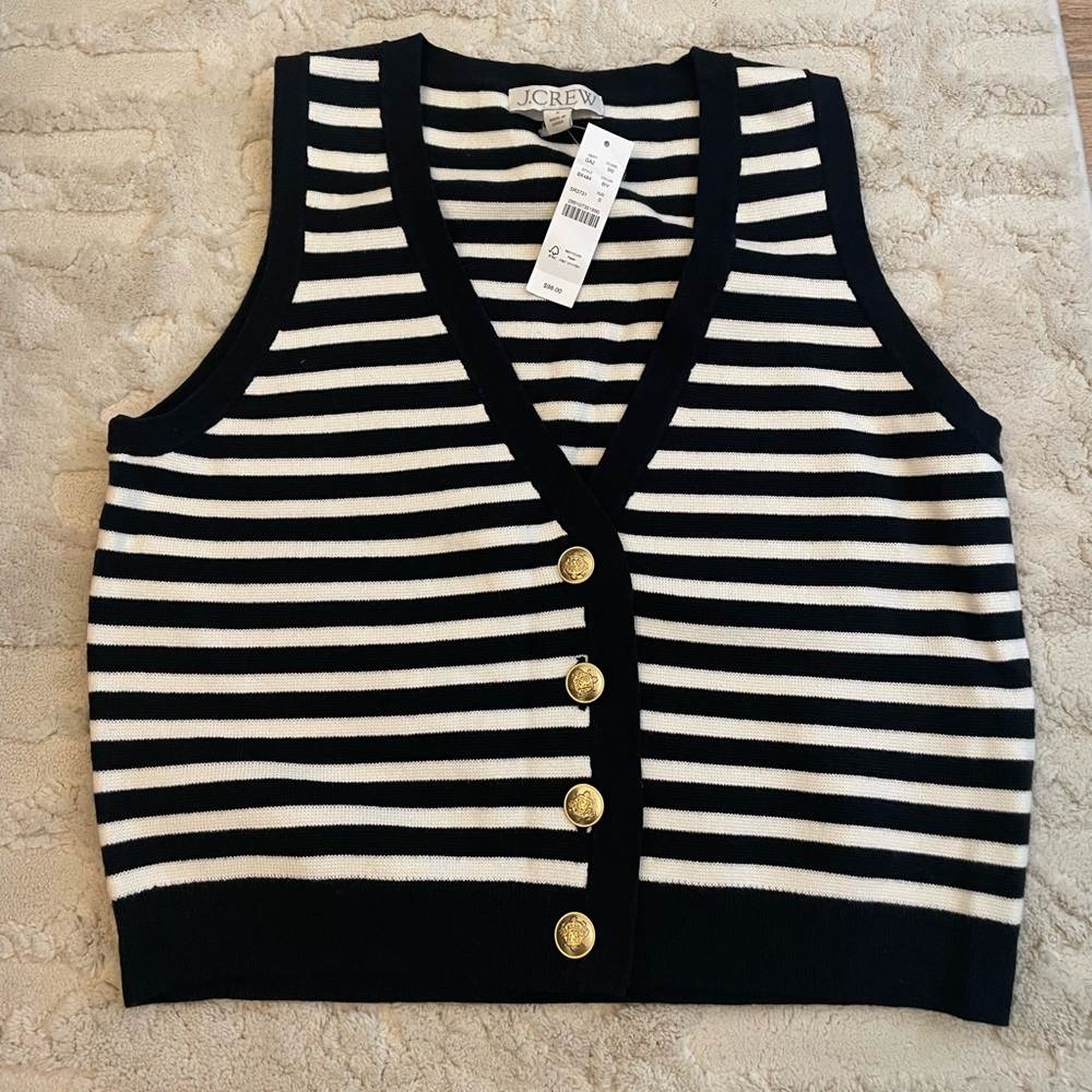 J. Crew Black and White Striped Knit Vest with Button Detail
